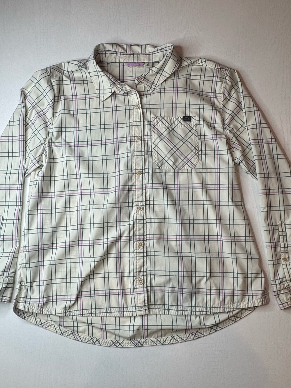 L.L. Bean Cream Plaid Button-Down Shirt with Green & Purple Lines